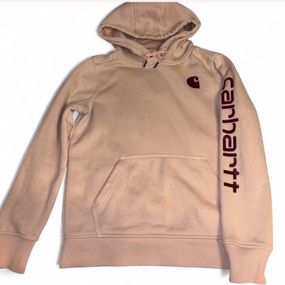 Carhartt Woman’s Tan Hoodie with Maroon Logo
